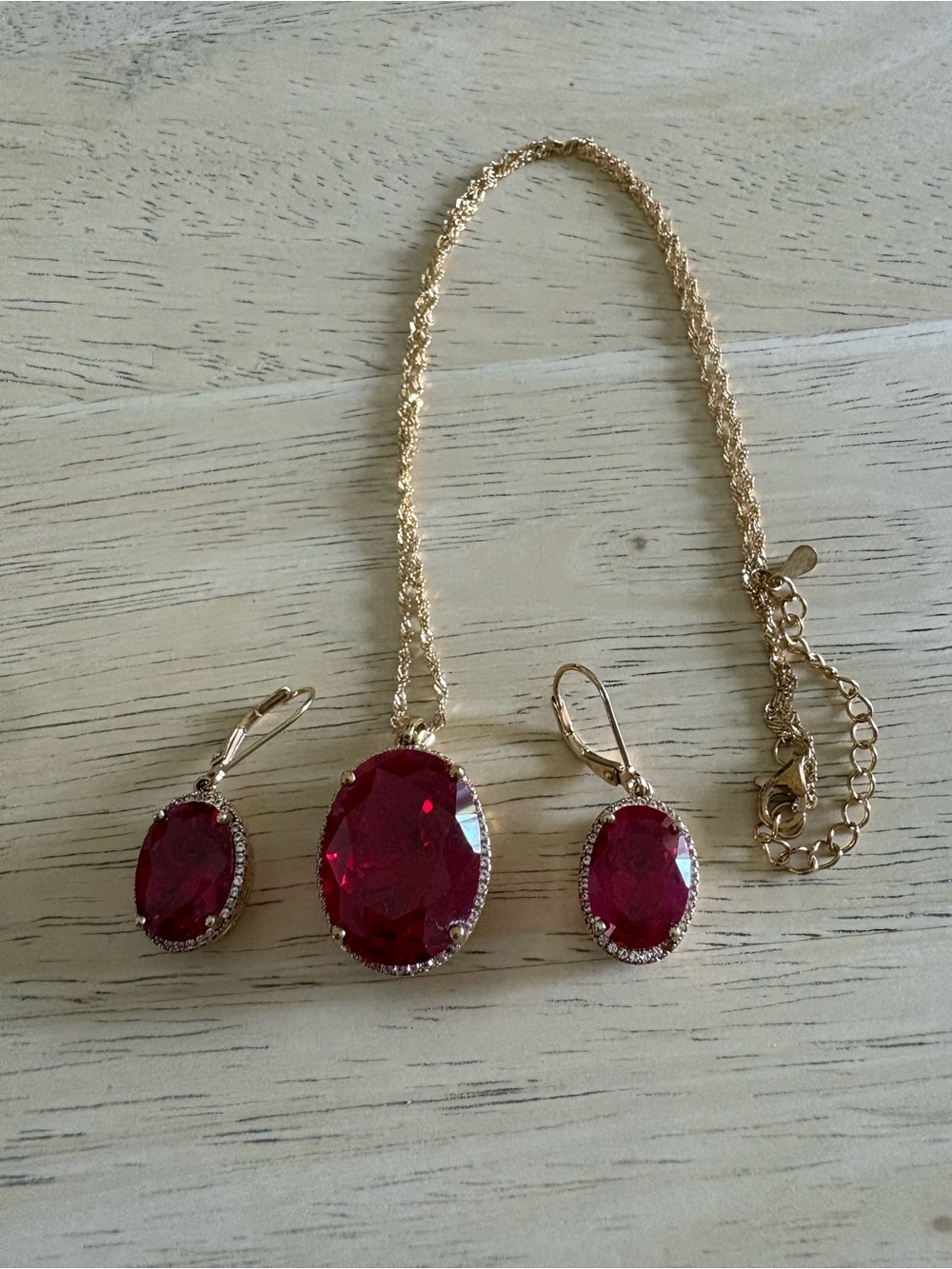 JTV Gold-Tone Necklace and Earrings with Deep Red Stones